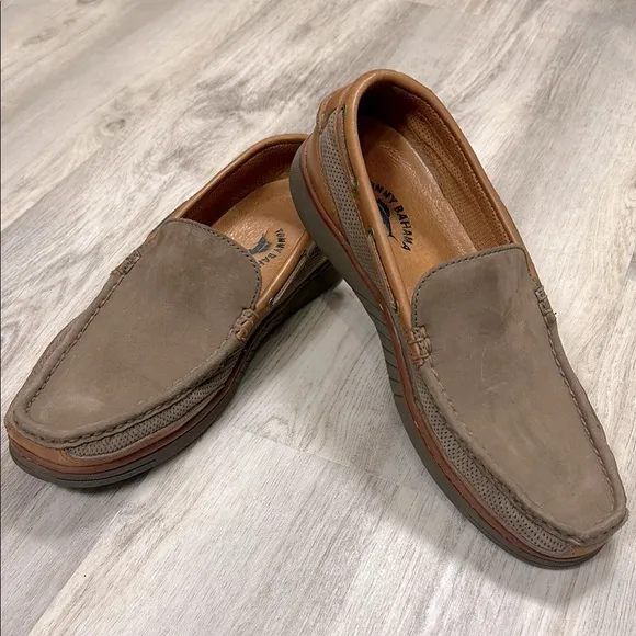 Tommy Bahama Sail Away Slip-On Boat Shoes Brown Leather Dark Olive Loafers 11.5
