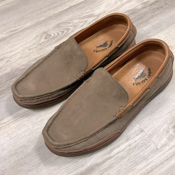 Tommy Bahama Sail Away Slip-On Boat Shoes Brown Leather Dark Olive Loafers 11.5