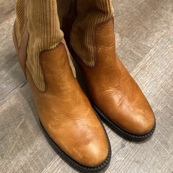 Tommy Hilfiger camel brown leather heeled tall boots with corduroy shaft 8.5