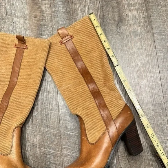 Tommy Hilfiger camel brown leather heeled tall boots with corduroy shaft 8.5
