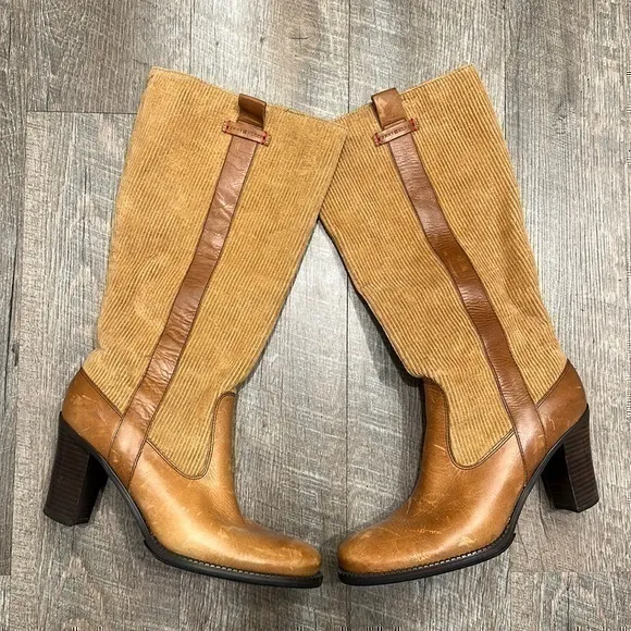 Tommy Hilfiger camel brown leather heeled tall boots with corduroy shaft 8.5