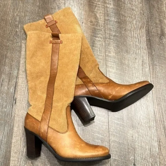 Tommy Hilfiger camel brown leather heeled tall boots with corduroy shaft 8.5