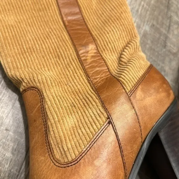 Tommy Hilfiger camel brown leather heeled tall boots with corduroy shaft 8.5