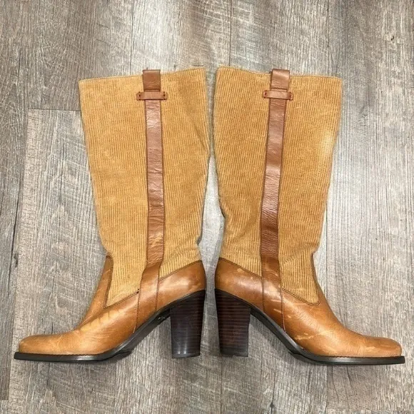 Tommy Hilfiger camel brown leather heeled tall boots with corduroy shaft 8.5