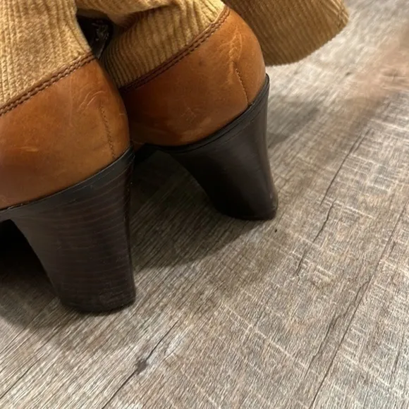 Tommy Hilfiger camel brown leather heeled tall boots with corduroy shaft 8.5