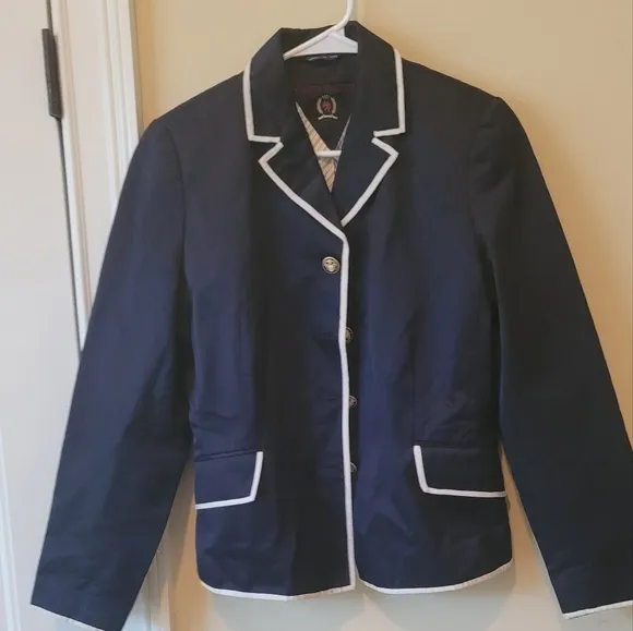 Tommy Hilfiger Navy Blue White Trim Logo Blazer Jacket Coat