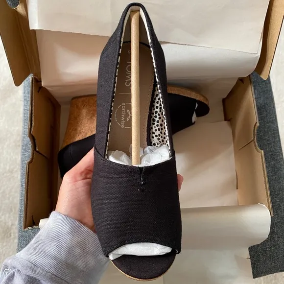 TOMS Black Canvas Espadrille Wedge Shoes