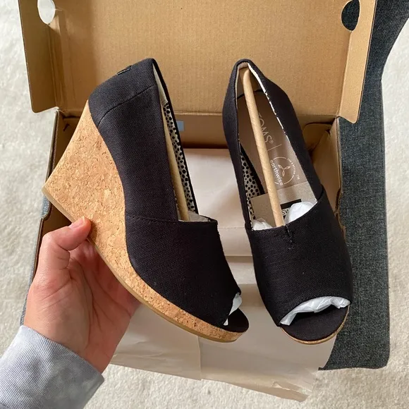 TOMS Black Canvas Espadrille Wedge Shoes