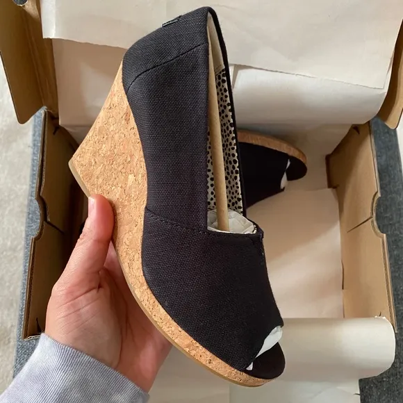TOMS Black Canvas Espadrille Wedge Shoes