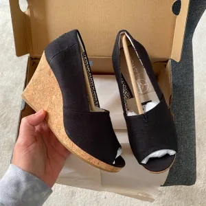 TOMS Black Canvas Espadrille Wedge Shoes