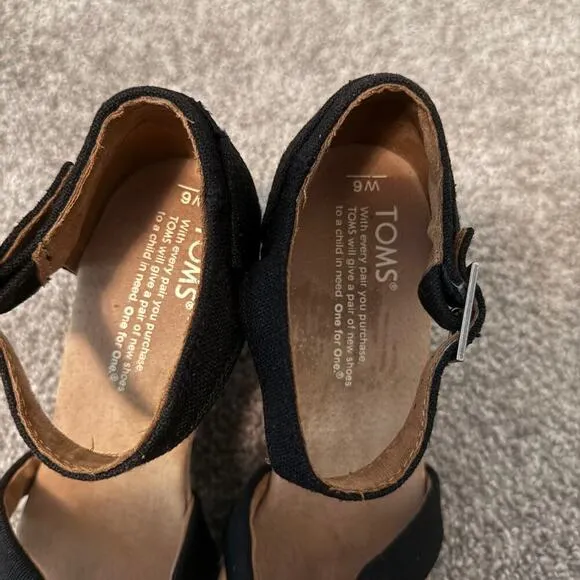 TOMS Black Natural Espadrille Buckle Wedge Shoes Size 6 Canvas Jute Casual