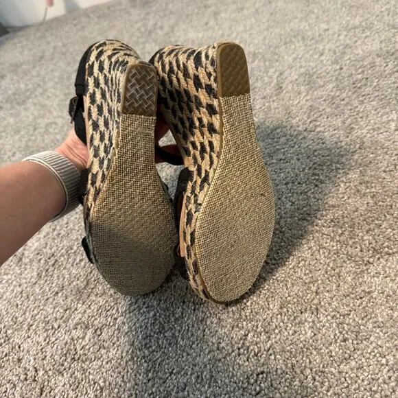 TOMS Black Natural Espadrille Buckle Wedge Shoes Size 6 Canvas Jute Casual