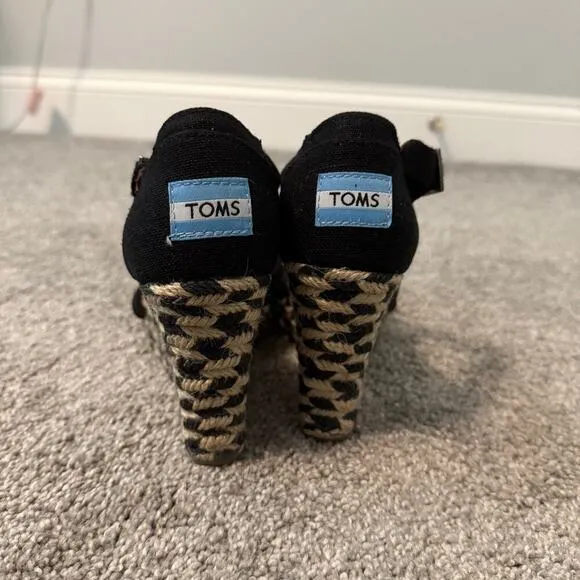 TOMS Black Natural Espadrille Buckle Wedge Shoes Size 6 Canvas Jute Casual