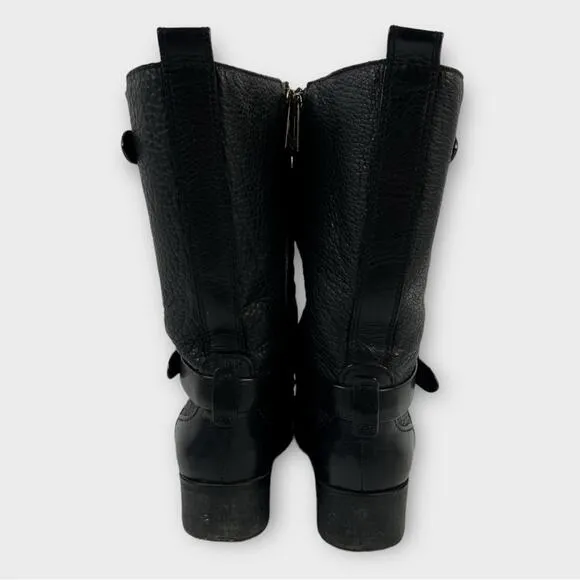 Tory Burch Black Crinkle Leather Mid-Calf Moto Boots Size 9