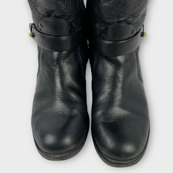 Tory Burch Black Crinkle Leather Mid-Calf Moto Boots Size 9