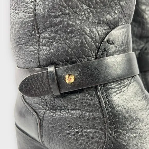 Tory Burch Black Crinkle Leather Mid-Calf Moto Boots Size 9
