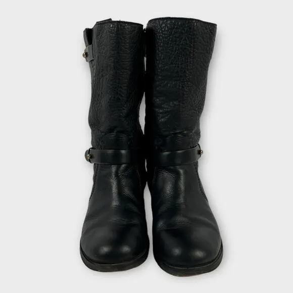 Tory Burch Black Crinkle Leather Mid-Calf Moto Boots Size 9