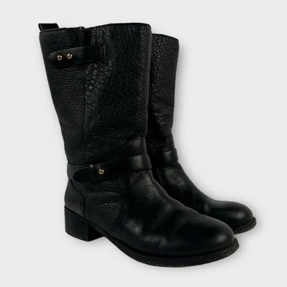Tory Burch Black Crinkle Leather Mid-Calf Moto Boots Size 9