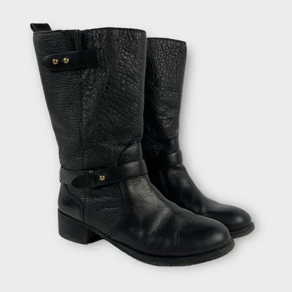 Tory Burch Black Crinkle Leather Mid-Calf Moto Boots Size 9