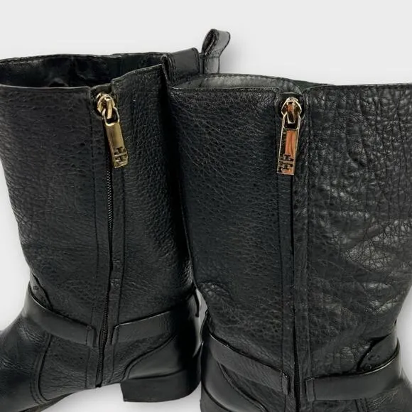 Tory Burch Black Crinkle Leather Mid-Calf Moto Boots Size 9