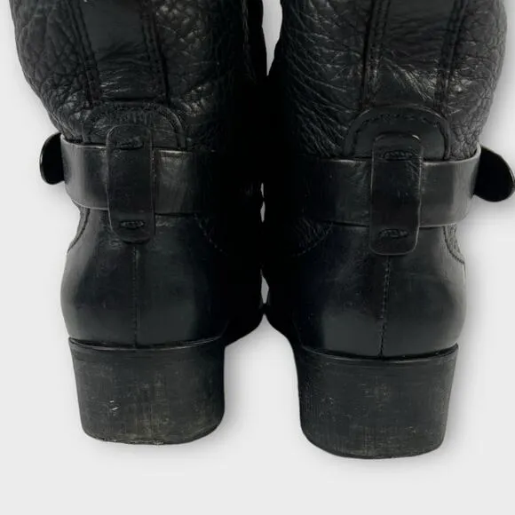 Tory Burch Black Crinkle Leather Mid-Calf Moto Boots Size 9