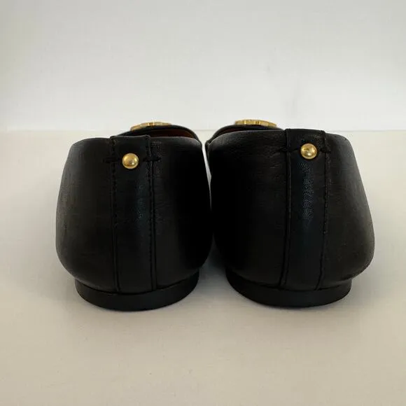 Tory Burch Double TLogo Everly Ballet Flats Leather Cap Toe Black Shoes 9