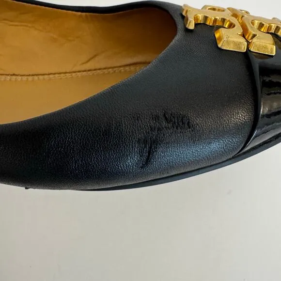Tory Burch Double TLogo Everly Ballet Flats Leather Cap Toe Black Shoes 9
