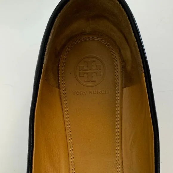Tory Burch Double TLogo Everly Ballet Flats Leather Cap Toe Black Shoes 9