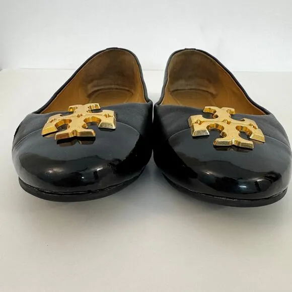 Tory Burch Double TLogo Everly Ballet Flats Leather Cap Toe Black Shoes 9