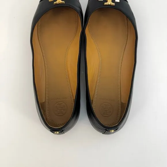 Tory Burch Double TLogo Everly Ballet Flats Leather Cap Toe Black Shoes 9