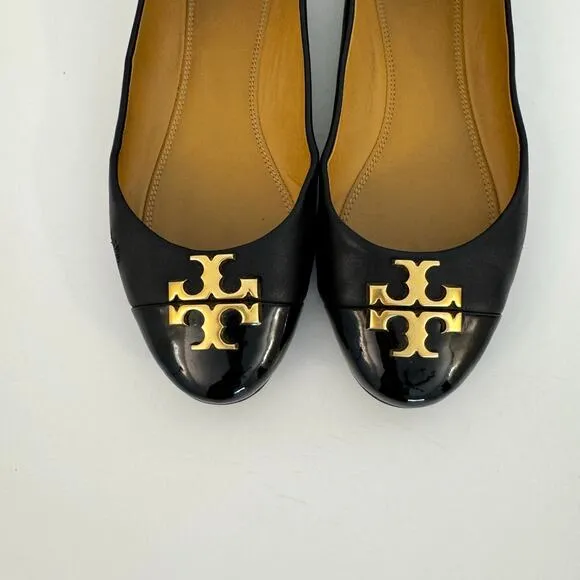 Tory Burch Double TLogo Everly Ballet Flats Leather Cap Toe Black Shoes 9
