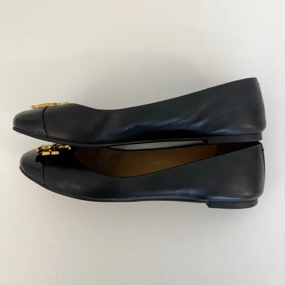 Tory Burch Double TLogo Everly Ballet Flats Leather Cap Toe Black Shoes 9