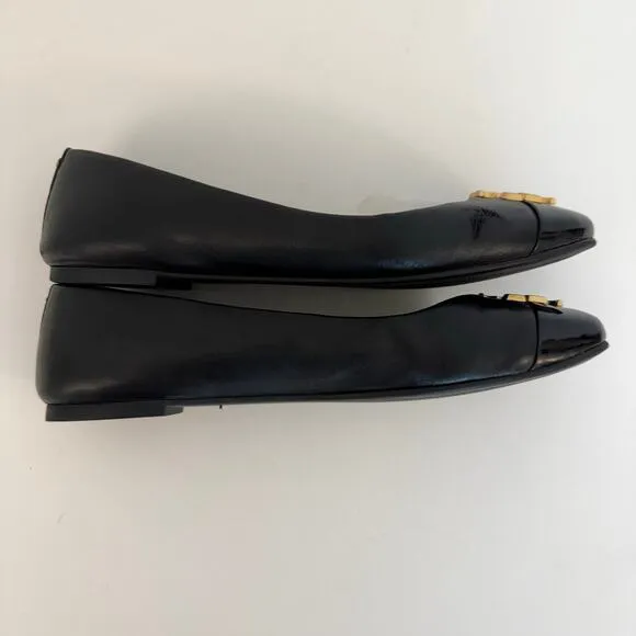 Tory Burch Double TLogo Everly Ballet Flats Leather Cap Toe Black Shoes 9