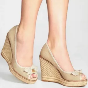 Tory Burch Jackie Wedge Espadrille Platform Peep Toe Tan Canvas Shoes 9.5 (J)