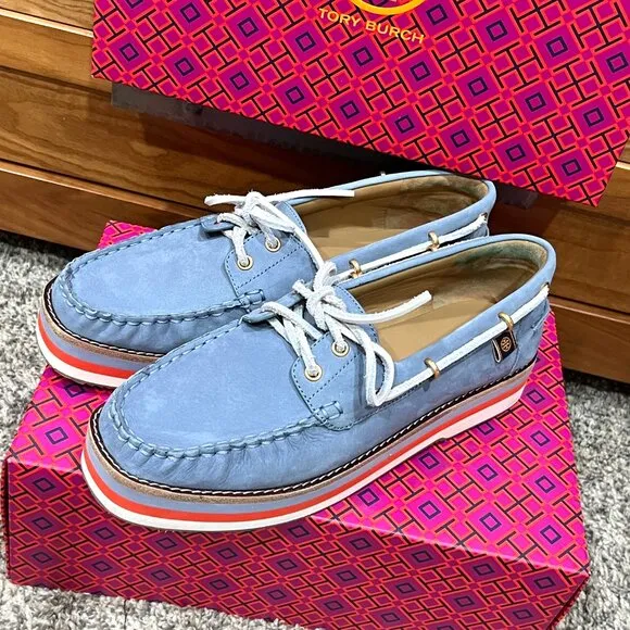 Tory Burch Joey Platform Boat Shoes Nubuck Blue Leather NEW in Box Women's 9.5