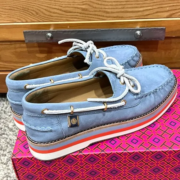 Tory Burch Joey Platform Boat Shoes Nubuck Blue Leather NEW in Box Women's 9.5
