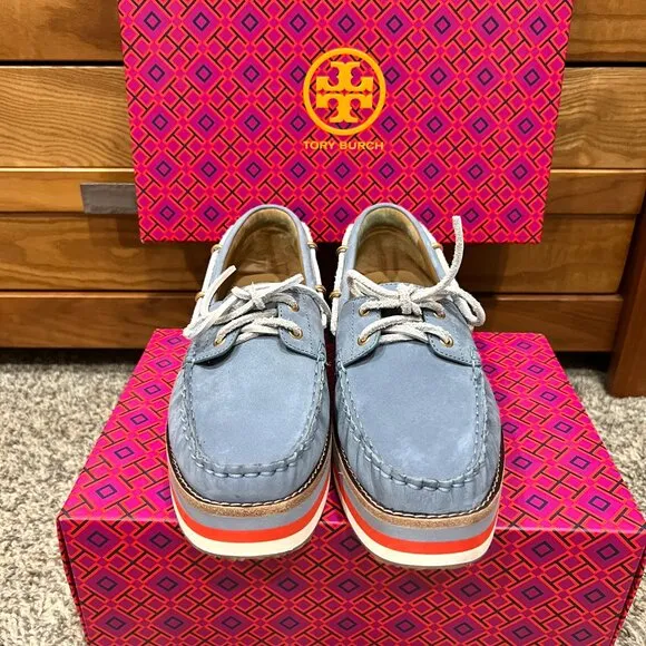 Tory Burch Joey Platform Boat Shoes Nubuck Blue Leather NEW in Box Women's 9.5