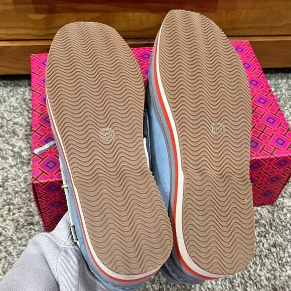 Tory Burch Joey Platform Boat Shoes Nubuck Blue Leather NEW in Box Women's 9.5