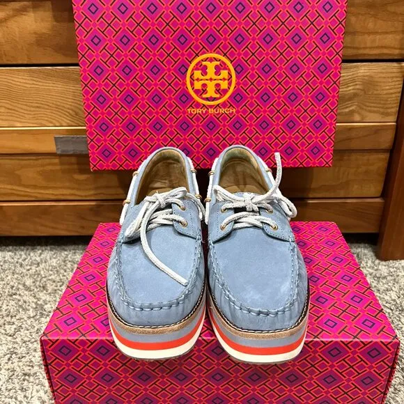 Tory Burch Joey Platform Boat Shoes Nubuck Blue Leather NEW in Box Women's 9.5