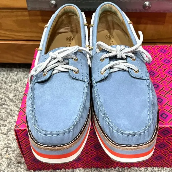 Tory Burch Joey Platform Boat Shoes Nubuck Blue Leather NEW in Box Women's 9.5