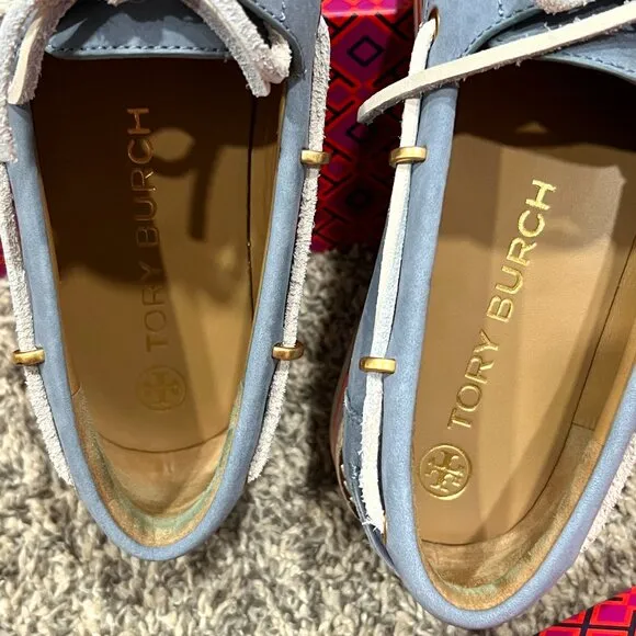 Tory Burch Joey Platform Boat Shoes Nubuck Blue Leather NEW in Box Women's 9.5