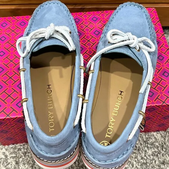 Tory Burch Joey Platform Boat Shoes Nubuck Blue Leather NEW in Box Women's 9.5