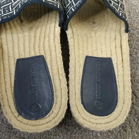 Tory Burch Ribbon Espadrille Slide Womens Size 6 Shoes Navy Blue Slip On Sandals