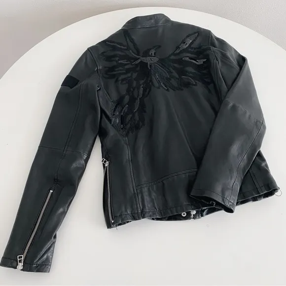 🔥TRUE RELIGION 100% Leather Sequin Motorcycle Jacket Phoenix Embroidery Black S