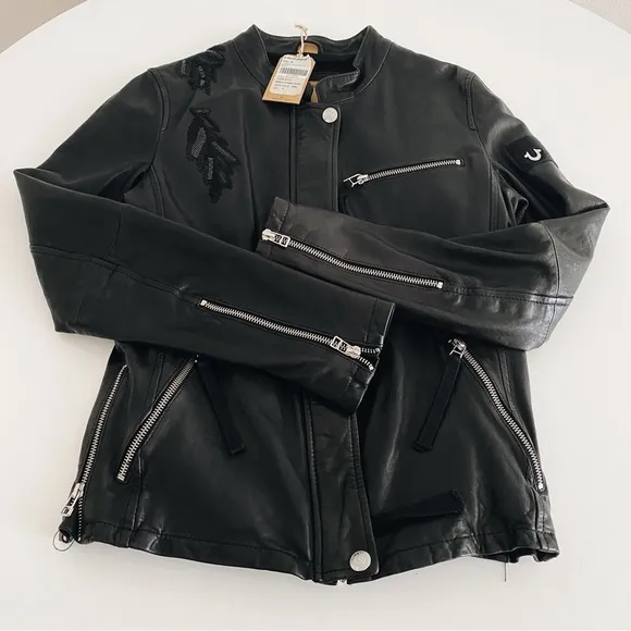 🔥TRUE RELIGION 100% Leather Sequin Motorcycle Jacket Phoenix Embroidery Black S