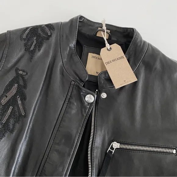 🔥TRUE RELIGION 100% Leather Sequin Motorcycle Jacket Phoenix Embroidery Black S