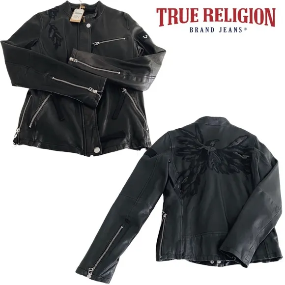 🔥TRUE RELIGION 100% Leather Sequin Motorcycle Jacket Phoenix Embroidery Black S