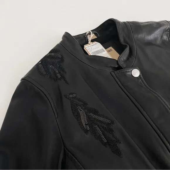 🔥TRUE RELIGION 100% Leather Sequin Motorcycle Jacket Phoenix Embroidery Black S