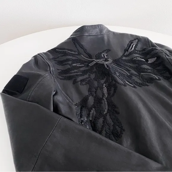🔥TRUE RELIGION 100% Leather Sequin Motorcycle Jacket Phoenix Embroidery Black S