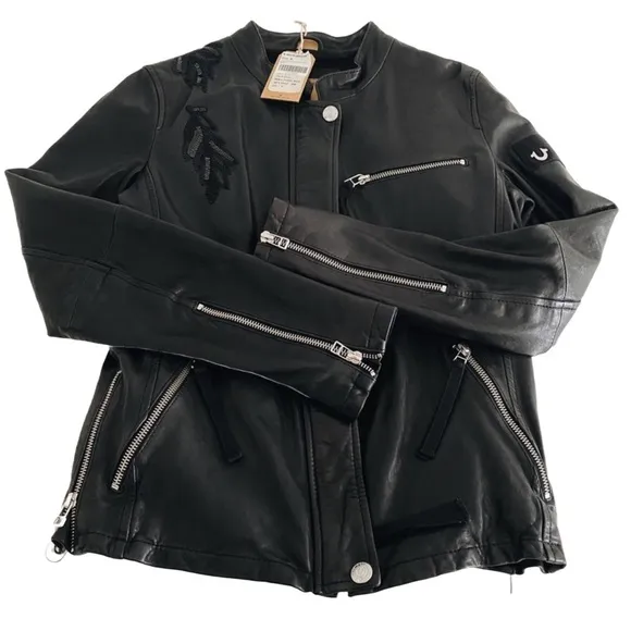 🔥TRUE RELIGION 100% Leather Sequin Motorcycle Jacket Phoenix Embroidery Black S